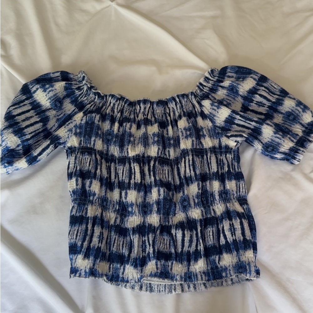 Zara Blue and White Patterned Off-Shoulder Blouse